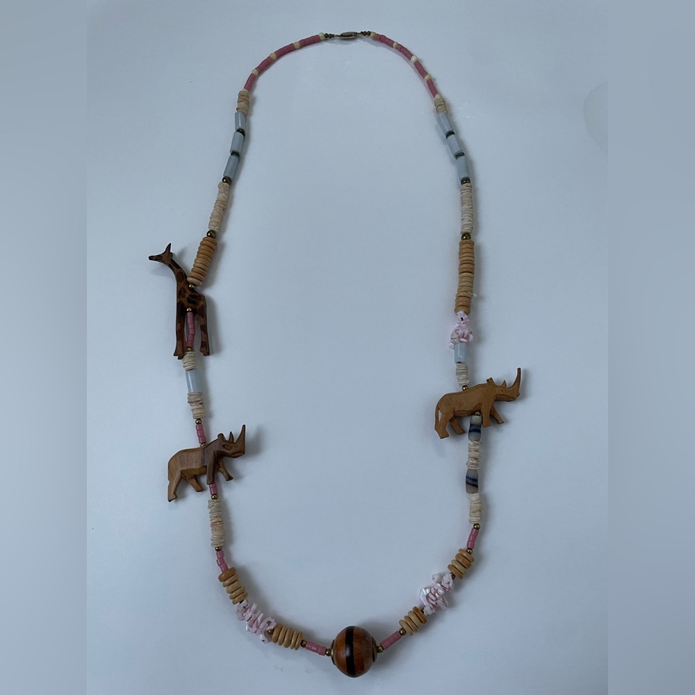 VINTAGE African Safari Tribal Chunky Necklace Wooden Giraffe, Rhinoceros